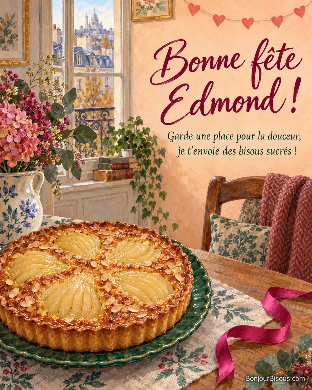 Une tarte bourdaloue aux poires et aux amandes attend sur un plat vert dans un décor de fête. Le message dit : « Bonne fête Edmond ! Garde une place pour la douceur, je t’envoie des bisous sucrés ! » Une tarte bourdaloue aux poires et aux amandes attend sur un plat vert dans un décor de fête. Le message dit : « Bonne fête Edmond ! Garde une place pour la douceur, je t’envoie des bisous sucrés ! »