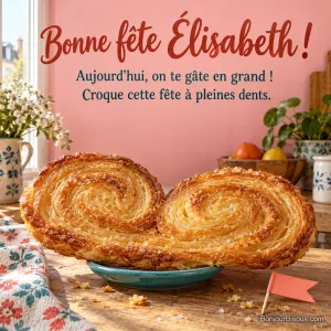 Un immense palmier feuilleté déborde joyeusement d’une toute petite soucoupe turquoise, avec le message « Bonne fête Élisabeth ! Aujourd’hui, on te gâte en grand ! Croque cette fête à pleines dents. ».