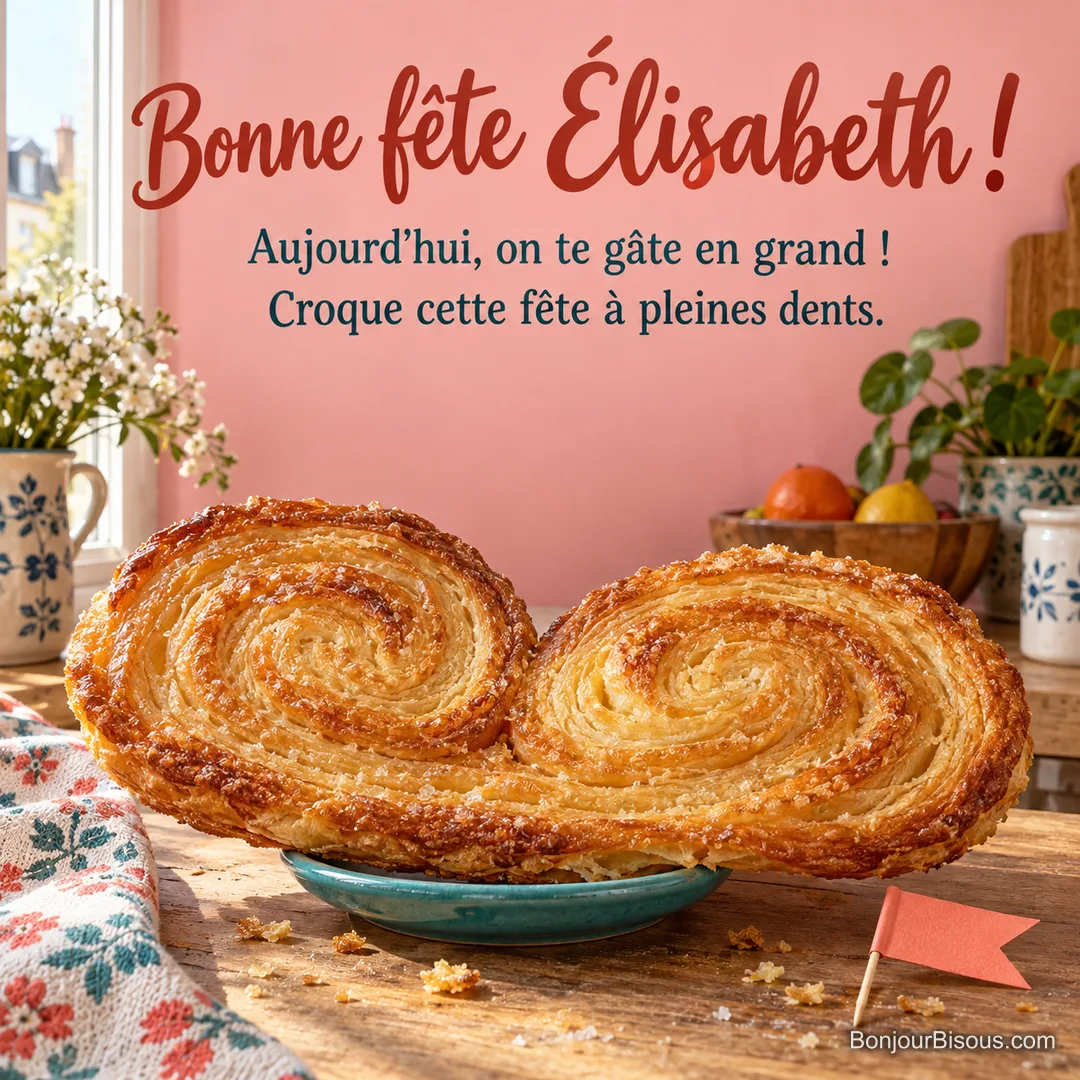 Un immense palmier feuilleté déborde joyeusement d’une toute petite soucoupe turquoise, avec le message « Bonne fête Élisabeth ! Aujourd’hui, on te gâte en grand ! Croque cette fête à pleines dents. ». Un immense palmier feuilleté déborde joyeusement d’une toute petite soucoupe turquoise, avec le message « Bonne fête Élisabeth ! Aujourd’hui, on te gâte en grand ! Croque cette fête à pleines dents. ».