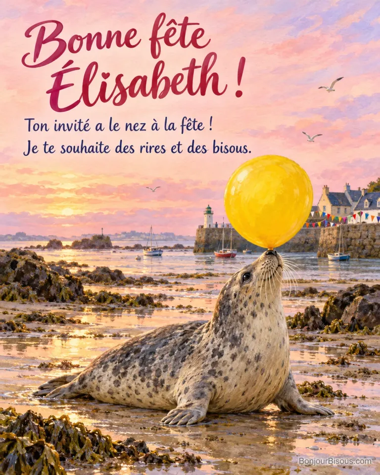 Un phoque gris équilibre un grand ballon jaune sur son museau près d’un quai décoré de fanions, avec le message « Bonne fête Élisabeth ! Ton invité a le nez à la fête ! Je te souhaite des rires et des bisous. ».