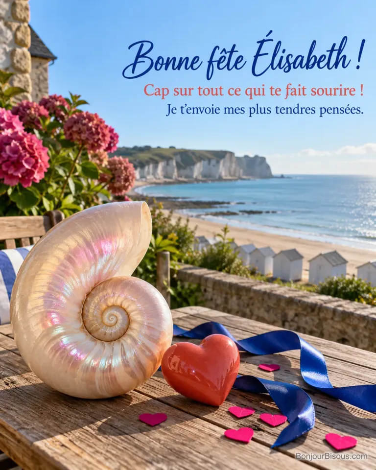 Une coquille de nautile nacrée accompagne un ruban cobalt et un cœur corail sur une terrasse maritime, avec le message « Bonne fête Élisabeth ! Cap sur tout ce qui te fait sourire ! Je t’envoie mes plus tendres pensées. ».