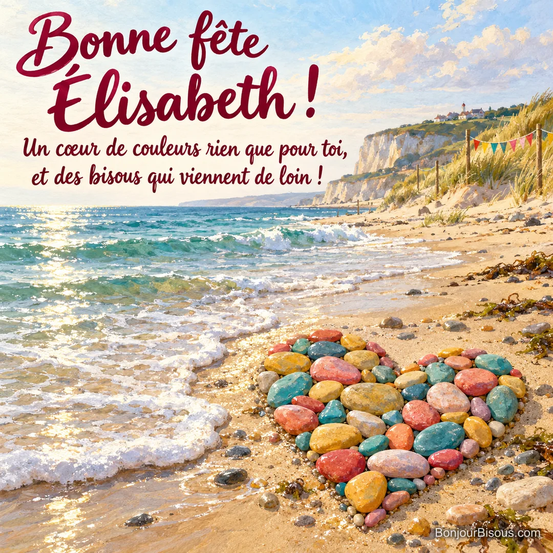Des galets peints corail, jaune, turquoise et rose forment un cœur au bord d’une mer douce, avec le message « Bonne fête Élisabeth ! Un cœur de couleurs rien que pour toi, et des bisous qui viennent de loin ! ». Des galets peints corail, jaune, turquoise et rose forment un cœur au bord d’une mer douce, avec le message « Bonne fête Élisabeth ! Un cœur de couleurs rien que pour toi, et des bisous qui viennent de loin ! ».
