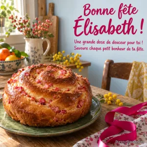 Une brioche en spirale aux pralines roses repose sur un plat vert dans un décor de fête chaleureux, avec le message « Bonne fête Élisabeth ! Une grande dose de douceur pour toi ! Savoure chaque petit bonheur de ta fête. ».