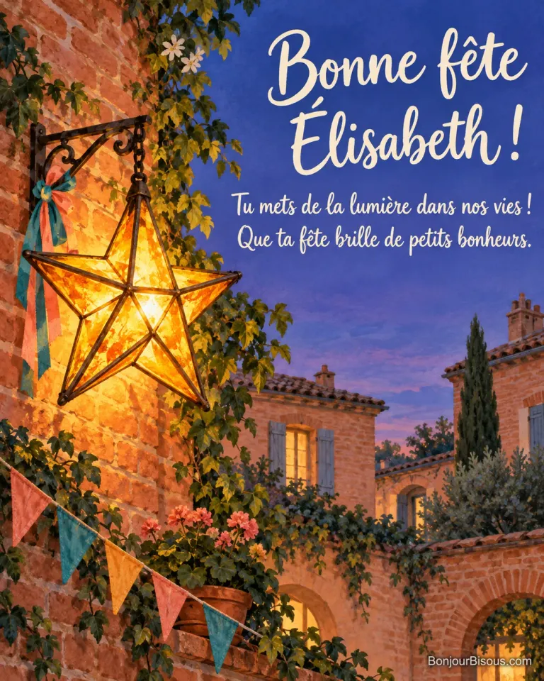 Une grande étoile ambrée illumine une cour de briques roses décorée de rubans colorés, avec le message « Bonne fête Élisabeth ! Tu mets de la lumière dans nos vies ! Que ta fête brille de petits bonheurs. ».