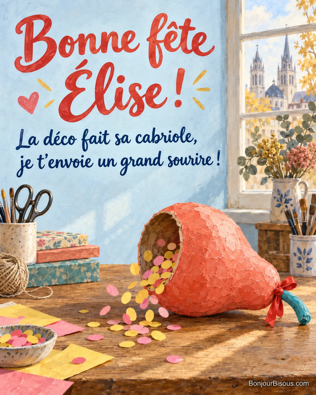 Une grande poire décorative en papier mâché a basculé et laissé rouler ses confettis colorés. Le message est : « Bonne fête Élise ! La déco fait sa cabriole, je t’envoie un grand sourire ! ». Une grande poire décorative en papier mâché a basculé et laissé rouler ses confettis colorés. Le message est : « Bonne fête Élise ! La déco fait sa cabriole, je t’envoie un grand sourire ! ».
