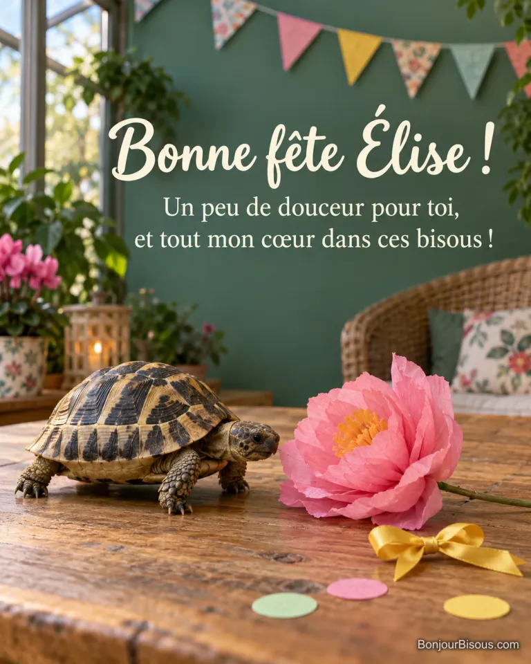 Une petite tortue d’Hermann traverse une table de fête sécurisée, près de confettis de papier et d’un ruban. Le message est : « Bonne fête Élise ! Un peu de douceur pour toi, et tout mon cœur dans ces bisous ! ».
