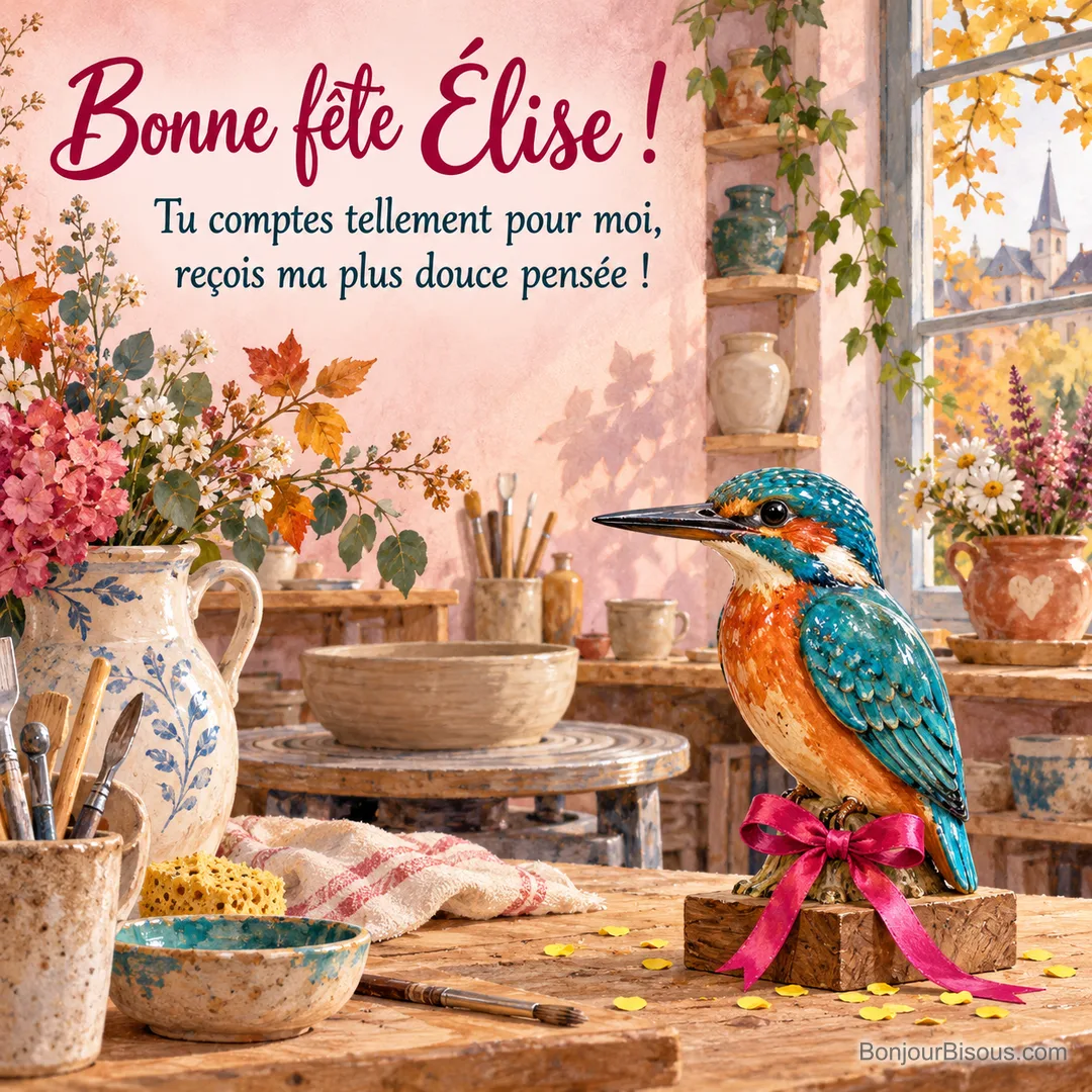 Une sculpture de martin-pêcheur en céramique turquoise et orange est offerte avec un ruban de fête. Le message est : « Bonne fête Élise ! Tu comptes tellement pour moi, reçois ma plus douce pensée ! ». Une sculpture de martin-pêcheur en céramique turquoise et orange est offerte avec un ruban de fête. Le message est : « Bonne fête Élise ! Tu comptes tellement pour moi, reçois ma plus douce pensée ! ».