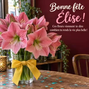 Un bouquet éclatant d’amaryllis roses est offert dans un vase de verre, avec un nœud jaune. Le message est : « Bonne fête Élise ! Ces fleurs viennent te dire combien tu rends la vie plus belle ! ».