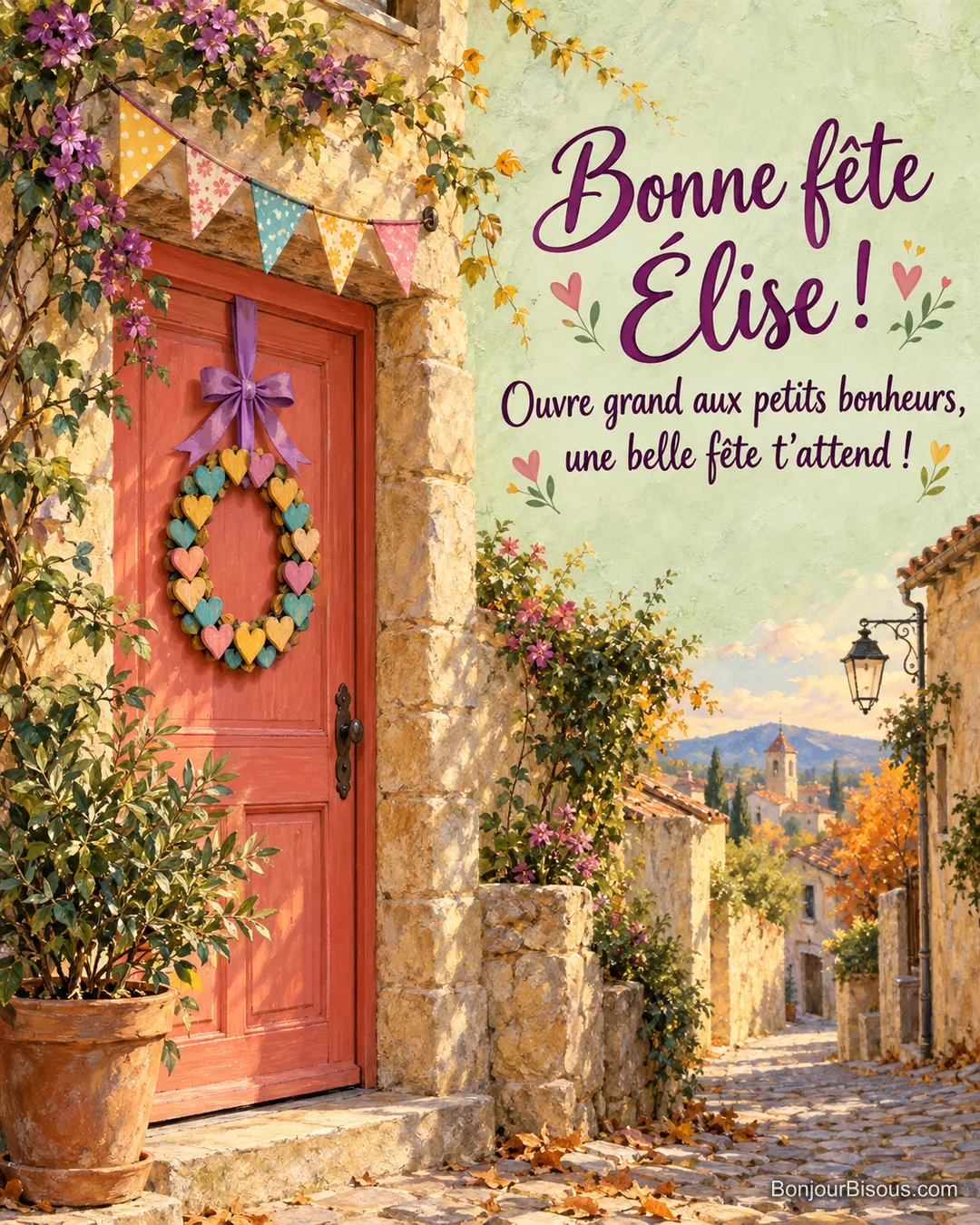 Une porte de maison française peinte en corail porte une couronne de cœurs en bois colorés. Le message est : « Bonne fête Élise ! Ouvre grand aux petits bonheurs, une belle fête t’attend ! ». Une porte de maison française peinte en corail porte une couronne de cœurs en bois colorés. Le message est : « Bonne fête Élise ! Ouvre grand aux petits bonheurs, une belle fête t’attend ! ».