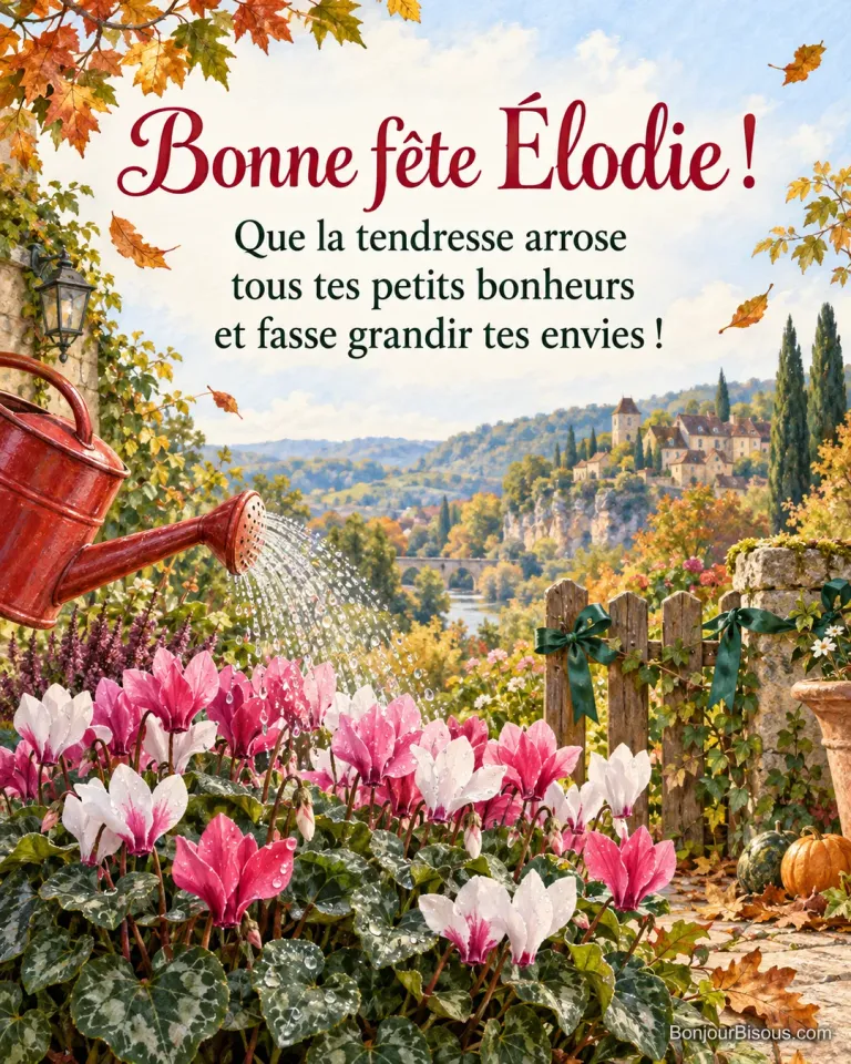Un arrosoir rouge répand une pluie fine sur des cyclamens roses et blancs, avec le message « Bonne fête Élodie ! Que la tendresse arrose tous tes petits bonheurs et fasse grandir tes envies ! ».