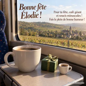 Deux tasses de café de tailles très différentes entourent un petit cadeau dans un train, avec le message « Bonne fête Élodie ! Pour ta fête, café géant et soucis minuscules ! Fais le plein de bonne humeur ! ».