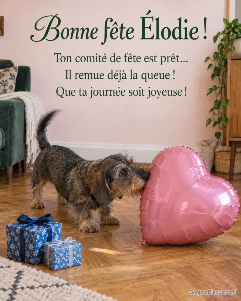 Un teckel pousse du museau un grand ballon rose près de petits cadeaux, avec le message « Bonne fête Élodie ! Ton comité de fête est prêt… Il remue déjà la queue ! Que ta journée soit joyeuse ! ».