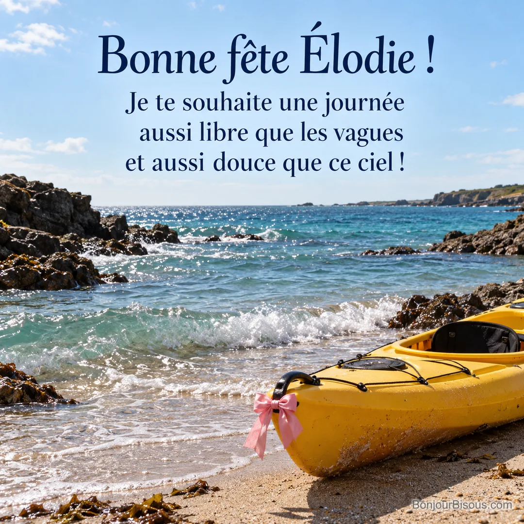 Un kayak jaune repose au bord d’une vague sur la côte de Quiberon, avec le message « Bonne fête Élodie ! Je te souhaite une journée aussi libre que les vagues et aussi douce que ce ciel ! ». Un kayak jaune repose au bord d’une vague sur la côte de Quiberon, avec le message « Bonne fête Élodie ! Je te souhaite une journée aussi libre que les vagues et aussi douce que ce ciel ! ».