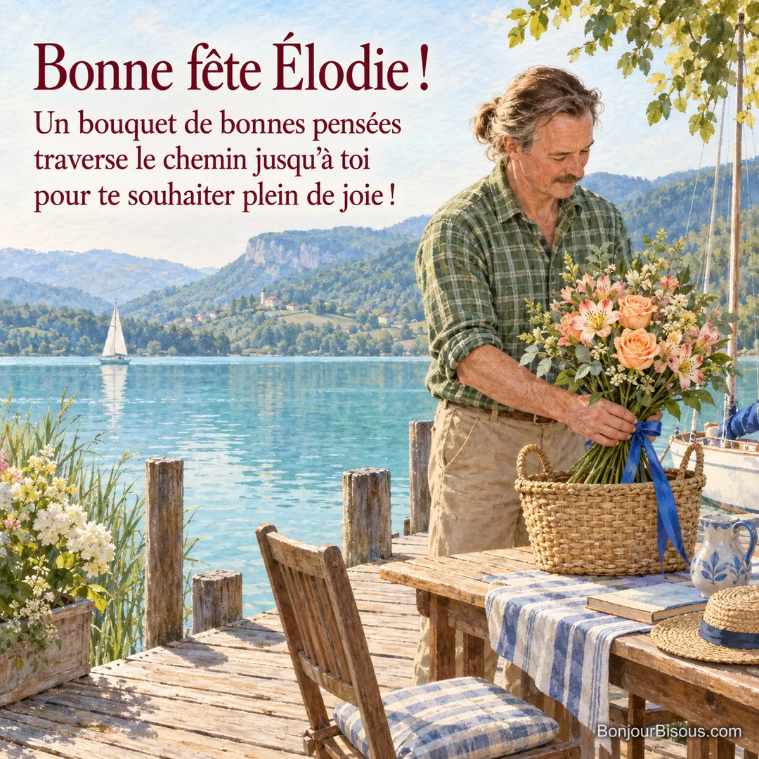 Un homme pose un bouquet pêche et rose sur une table au bord d’un lac savoyard, avec le message « Bonne fête Élodie ! Un bouquet de bonnes pensées traverse le chemin jusqu’à toi pour te souhaiter plein de joie ! ». Un homme pose un bouquet pêche et rose sur une table au bord d’un lac savoyard, avec le message « Bonne fête Élodie ! Un bouquet de bonnes pensées traverse le chemin jusqu’à toi pour te souhaiter plein de joie ! ».