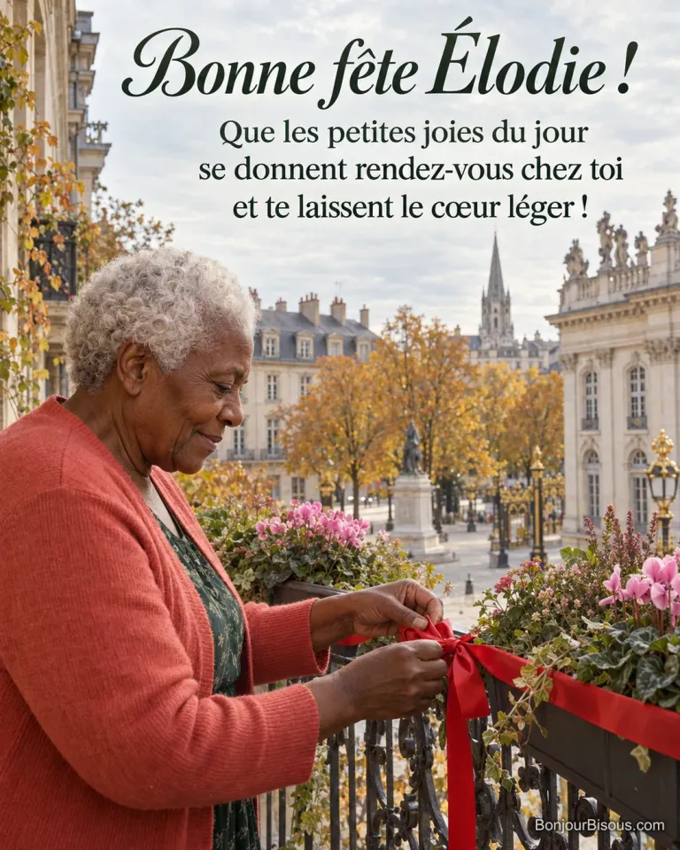 Une habitante noue un ruban rouge sur un balcon de Nancy, avec le message « Bonne fête Élodie ! Que les petites joies du jour se donnent rendez-vous chez toi et te laissent le cœur léger ! ».