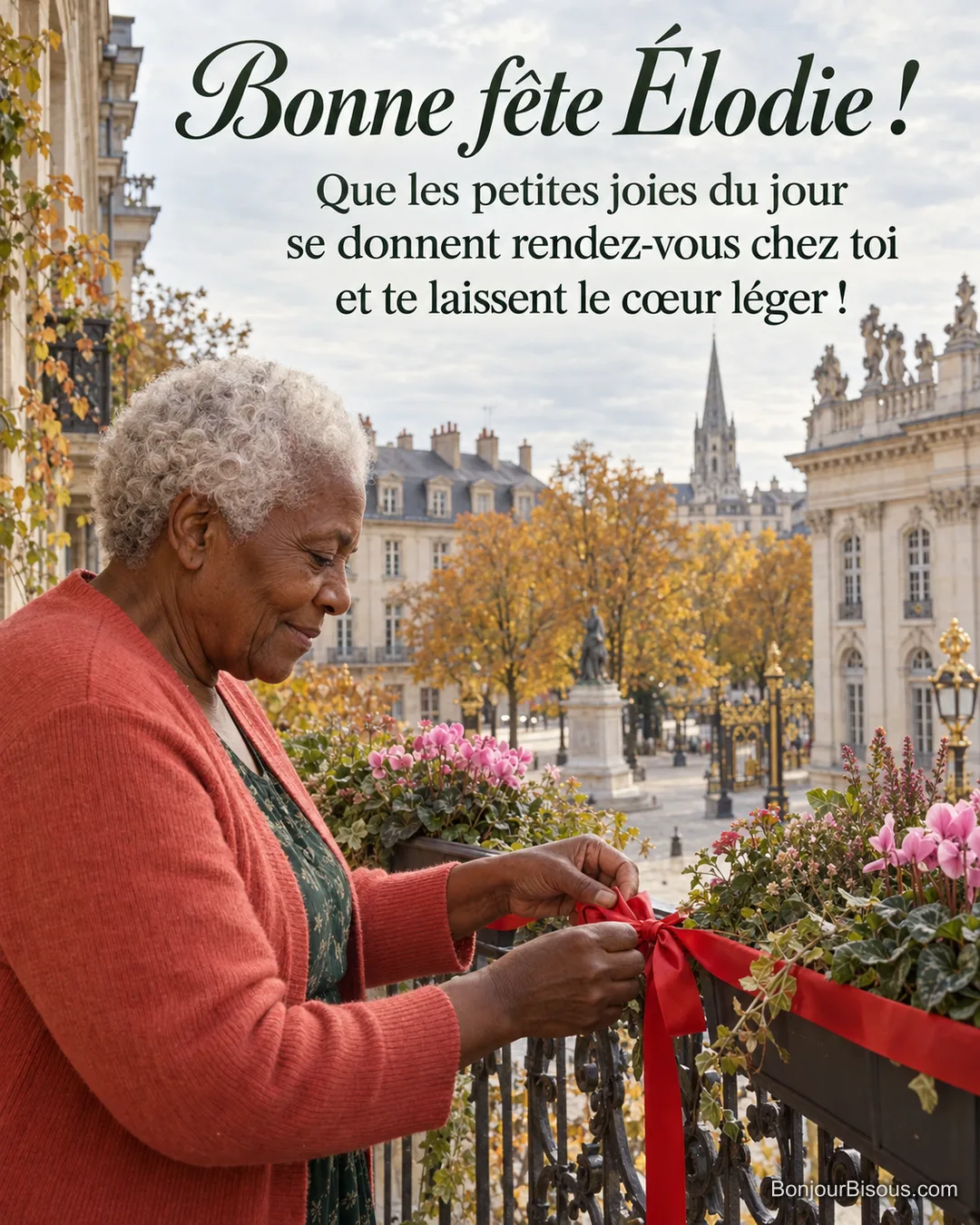 Une habitante noue un ruban rouge sur un balcon de Nancy, avec le message « Bonne fête Élodie ! Que les petites joies du jour se donnent rendez-vous chez toi et te laissent le cœur léger ! ». Une habitante noue un ruban rouge sur un balcon de Nancy, avec le message « Bonne fête Élodie ! Que les petites joies du jour se donnent rendez-vous chez toi et te laissent le cœur léger ! ».