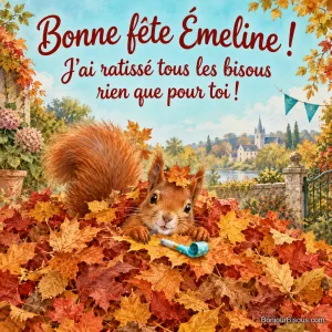 Un écureuil roux émerge d’un énorme tas de feuilles d’automne avec un petit sifflet de fête. Le message indique : « Bonne fête Émeline ! J’ai ratissé tous les bisous rien que pour toi ! »
