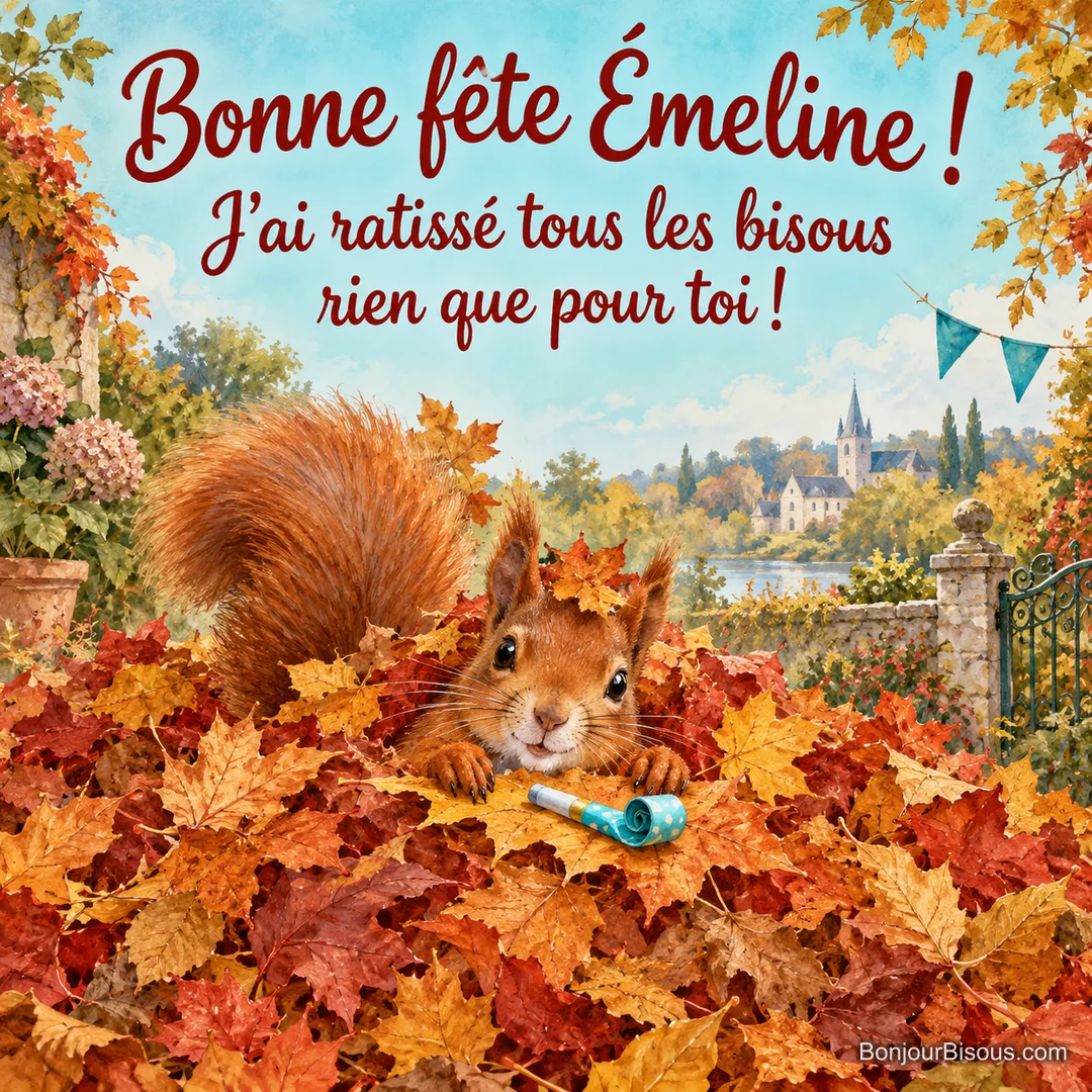 Un écureuil roux émerge d’un énorme tas de feuilles d’automne avec un petit sifflet de fête. Le message indique : « Bonne fête Émeline ! J’ai ratissé tous les bisous rien que pour toi ! »