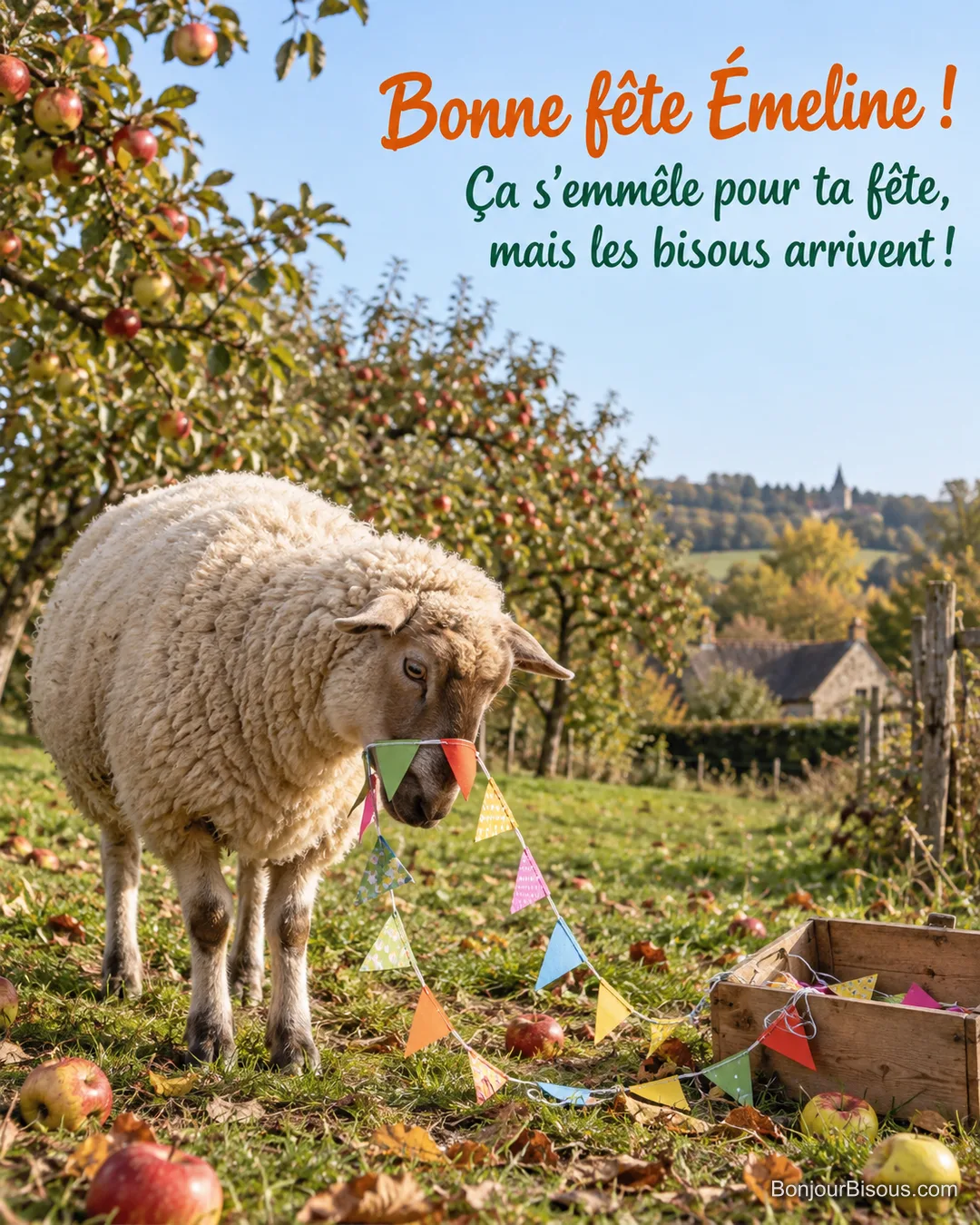 Un mouton curieux porte une guirlande de fanions de travers sur son museau, près d’une boîte de décorations. Le message indique : « Bonne fête Émeline ! Ça s’emmêle pour ta fête, mais les bisous arrivent ! »