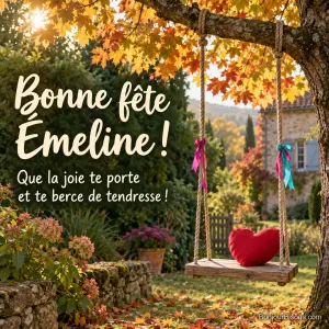 Une balançoire de bois décorée de rubans porte un coussin rouge en cœur sous un érable doré. Le message indique : « Bonne fête Émeline ! Que la joie te porte et te berce de tendresse ! »