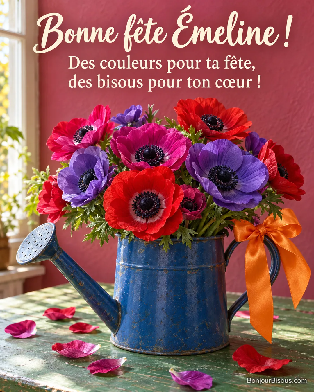 Des anémones de fleuriste rouges, roses et violettes remplissent un arrosoir bleu orné d’un ruban orange. Le message indique : « Bonne fête Émeline ! Des couleurs pour ta fête, des bisous pour ton cœur ! »