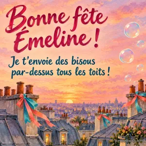 Des bulles de savon s’envolent entre les cheminées parisiennes décorées de rubans colorés. Le message indique : « Bonne fête Émeline ! Je t’envoie des bisous par-dessus tous les toits ! »