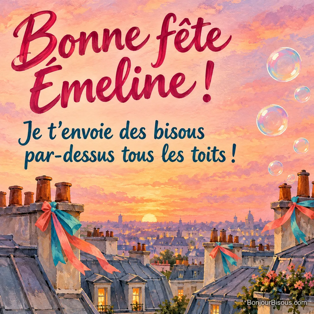 Des bulles de savon s’envolent entre les cheminées parisiennes décorées de rubans colorés. Le message indique : « Bonne fête Émeline ! Je t’envoie des bisous par-dessus tous les toits ! »