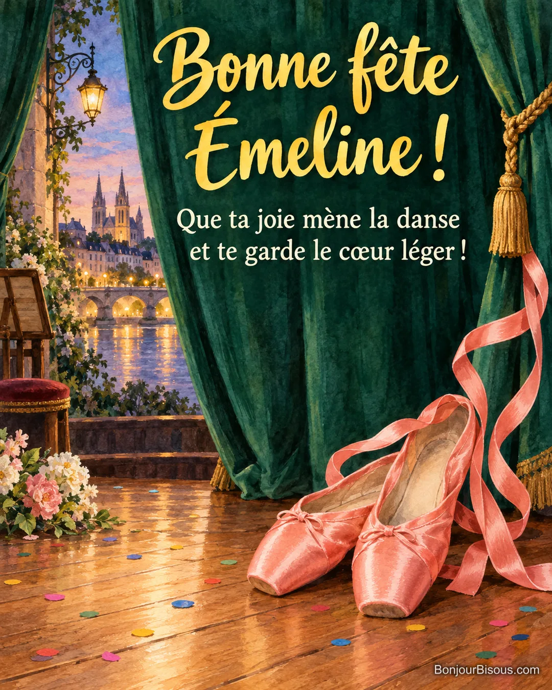 Deux chaussons de danse en satin corail et leurs longs rubans reposent sur une scène colorée. Le message indique : « Bonne fête Émeline ! Que ta joie mène la danse et te garde le cœur léger ! »