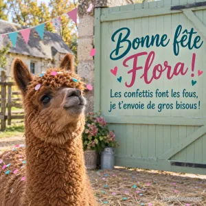 Un alpaga roux porte quelques confettis sur sa touffe dans une cour de ferme festive. Texte : « Bonne fête Flora ! Les confettis font les fous, je t’envoie de gros bisous ! »