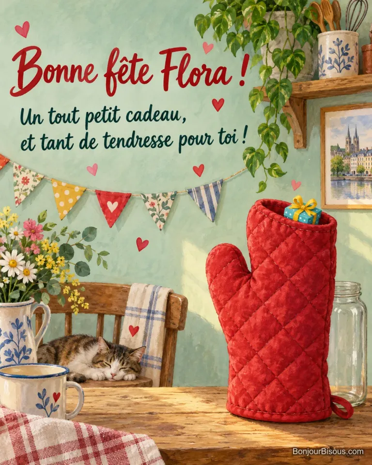 Une immense moufle rouge abrite un minuscule cadeau turquoise, dans une cuisine décorée de fanions. Texte : « Bonne fête Flora ! Un tout petit cadeau, et tant de tendresse pour toi ! »