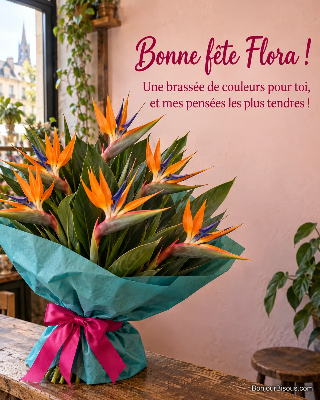 Une brassée de strelitzias orange et bleus, nouée d’un ruban fuchsia, attend chez un fleuriste. Texte : « Bonne fête Flora ! Une brassée de couleurs pour toi, et mes pensées les plus tendres ! »