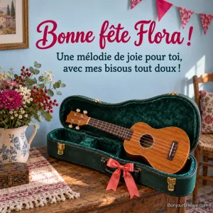 Un ukulélé en bois et son étui vert sont décorés d’un nœud corail pour offrir une attention musicale. Texte : « Bonne fête Flora ! Une mélodie de joie pour toi, avec mes bisous tout doux ! »
