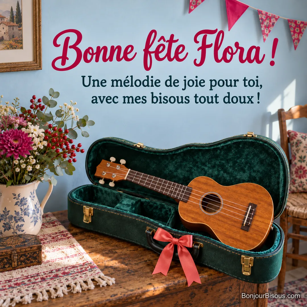 Un ukulélé en bois et son étui vert sont décorés d’un nœud corail pour offrir une attention musicale. Texte : « Bonne fête Flora ! Une mélodie de joie pour toi, avec mes bisous tout doux ! »