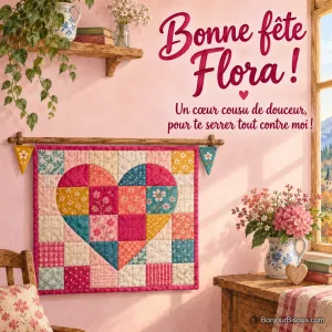 Un plaid en patchwork forme un grand cœur coloré sous deux petits fanions de fête. Texte : « Bonne fête Flora ! Un cœur cousu de douceur, pour te serrer tout contre moi ! »