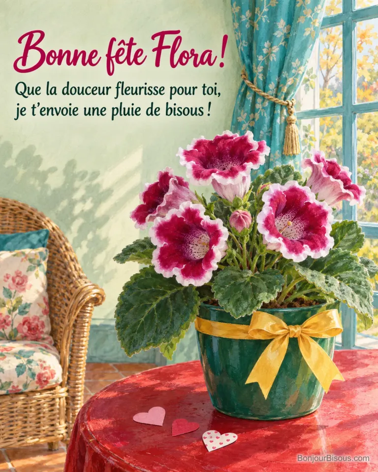 Un gloxinia magenta et blanc fleurit dans une véranda chauffée, son pot décoré d’un ruban jaune. Texte : « Bonne fête Flora ! Que la douceur fleurisse pour toi, je t’envoie une pluie de bisous ! »