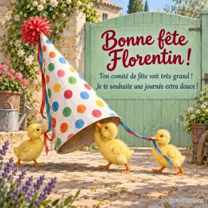 Trois canetons essaient de déplacer un chapeau de fête beaucoup trop grand. Le message est : « Bonne fête Florentin ! Ton comité de fête voit très grand ! Je te souhaite une journée extra douce ! »