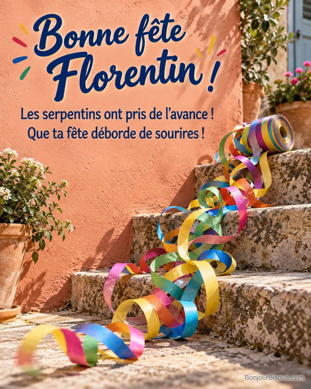 Un rouleau de serpentins se déroule joyeusement sur trois petites marches. Le message est : « Bonne fête Florentin ! Les serpentins ont pris de l’avance ! Que ta fête déborde de sourires ! »