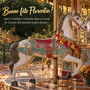 Un cheval de manège ancien porte une guirlande de feuilles d’automne. Le message est : « Bonne fête Florentin ! Que le bonheur t’entraîne dans sa ronde. Je t’envoie des pensées toutes douces ! »
