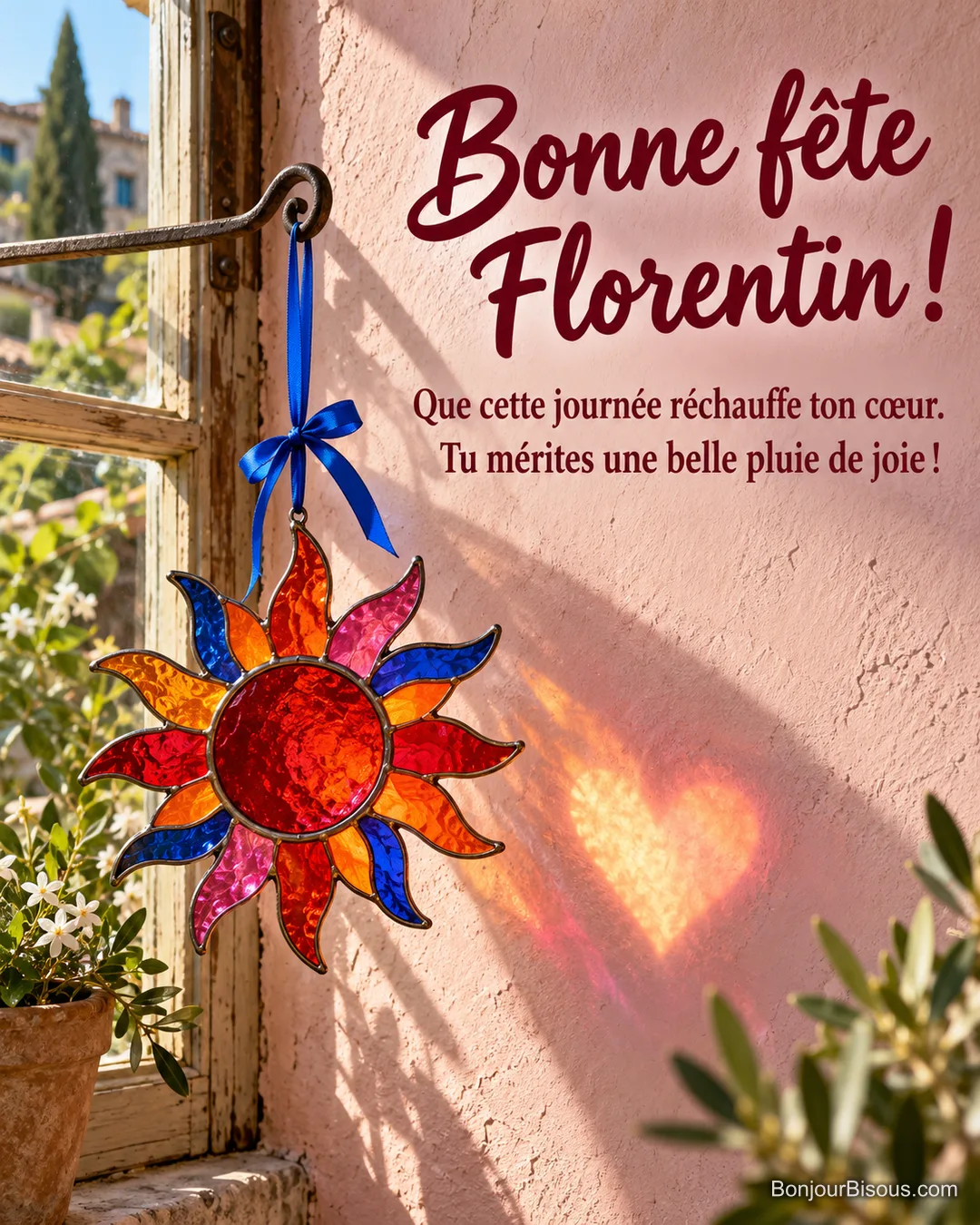 Un vitrail en soleil projette une lumière en forme de cœur sur le mur. Le message est : « Bonne fête Florentin ! Que cette journée réchauffe ton cœur. Tu mérites une belle pluie de joie ! »