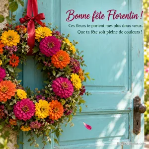 Une couronne de zinnias éclatants décore une porte de jardin turquoise. Le message est : « Bonne fête Florentin ! Ces fleurs te portent mes plus doux vœux. Que ta fête soit pleine de couleurs ! »