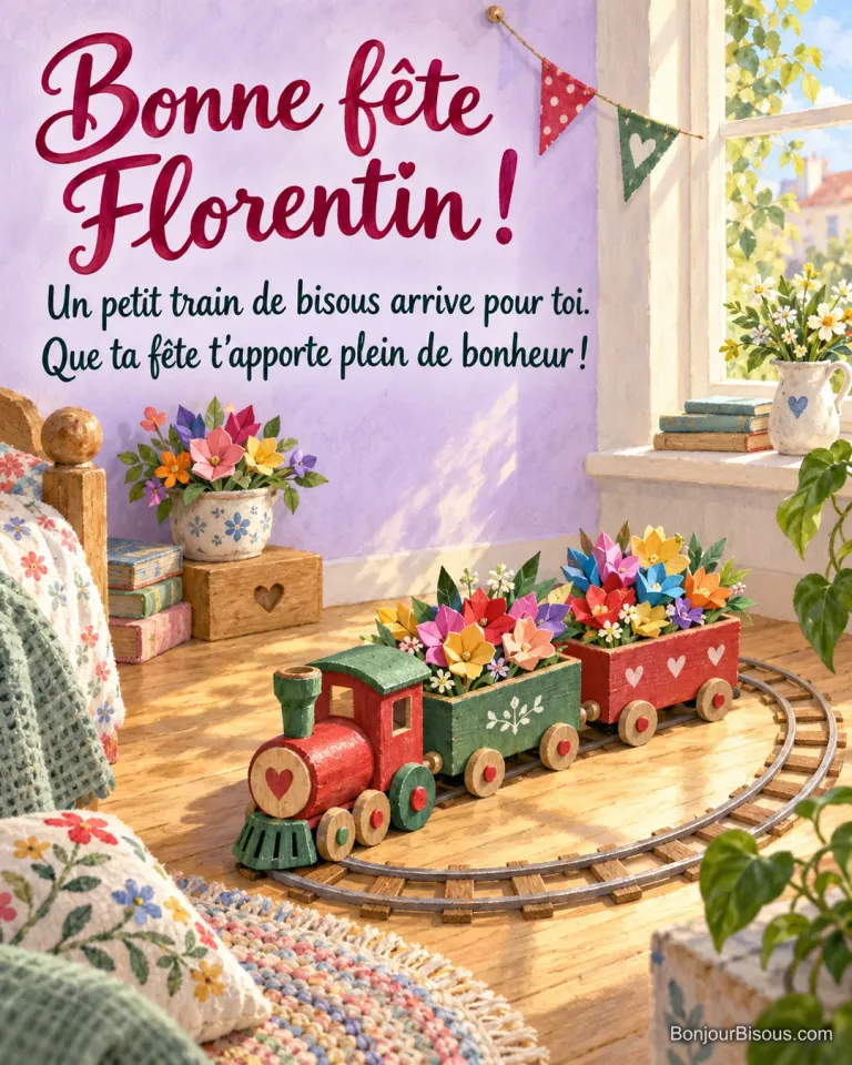 Un petit train rouge et vert transporte des fleurs de papier colorées. Le message est : « Bonne fête Florentin ! Un petit train de bisous arrive pour toi. Que ta fête t’apporte plein de bonheur ! »