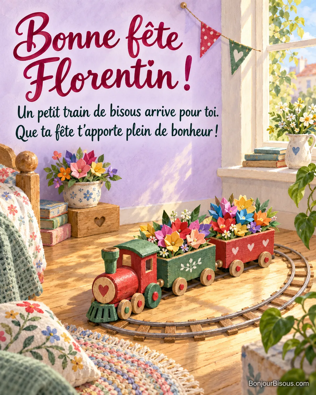 Un petit train rouge et vert transporte des fleurs de papier colorées. Le message est : « Bonne fête Florentin ! Un petit train de bisous arrive pour toi. Que ta fête t’apporte plein de bonheur ! »