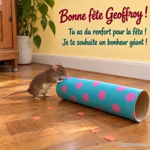Un petit rat brun pousse un immense tube décoratif turquoise à pois roses, déjà vide de ses confettis. La carte porte le message « Bonne fête Geoffroy ! Tu as du renfort pour la fête ! Je te souhaite un bonheur géant ! »