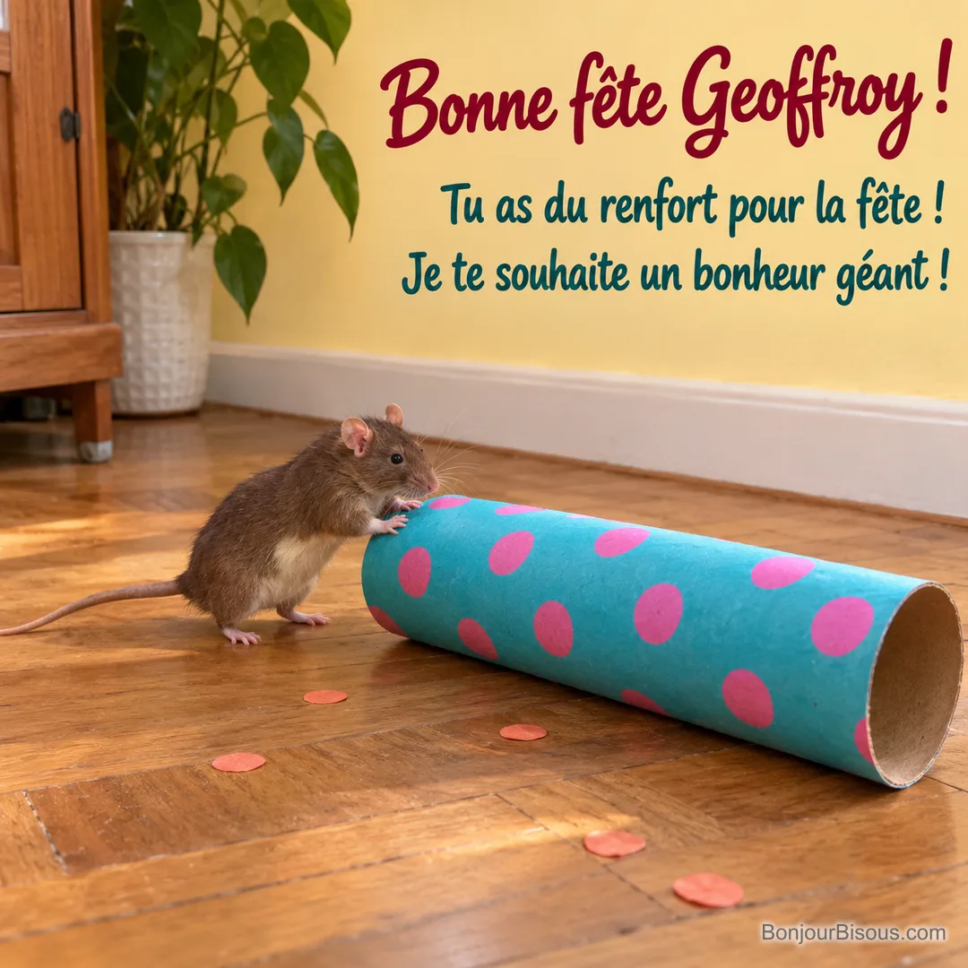 Un petit rat brun pousse un immense tube décoratif turquoise à pois roses, déjà vide de ses confettis. La carte porte le message « Bonne fête Geoffroy ! Tu as du renfort pour la fête ! Je te souhaite un bonheur géant ! » Un petit rat brun pousse un immense tube décoratif turquoise à pois roses, déjà vide de ses confettis. La carte porte le message « Bonne fête Geoffroy ! Tu as du renfort pour la fête ! Je te souhaite un bonheur géant ! »