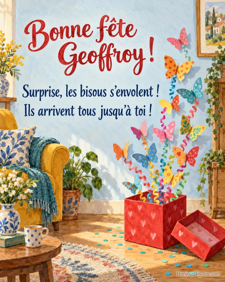 Un paquet rouge ouvert libère une gerbe de papillons en papier multicolore montés sur de fines languettes. La carte porte le message « Bonne fête Geoffroy ! Surprise, les bisous s’envolent ! Ils arrivent tous jusqu’à toi ! »