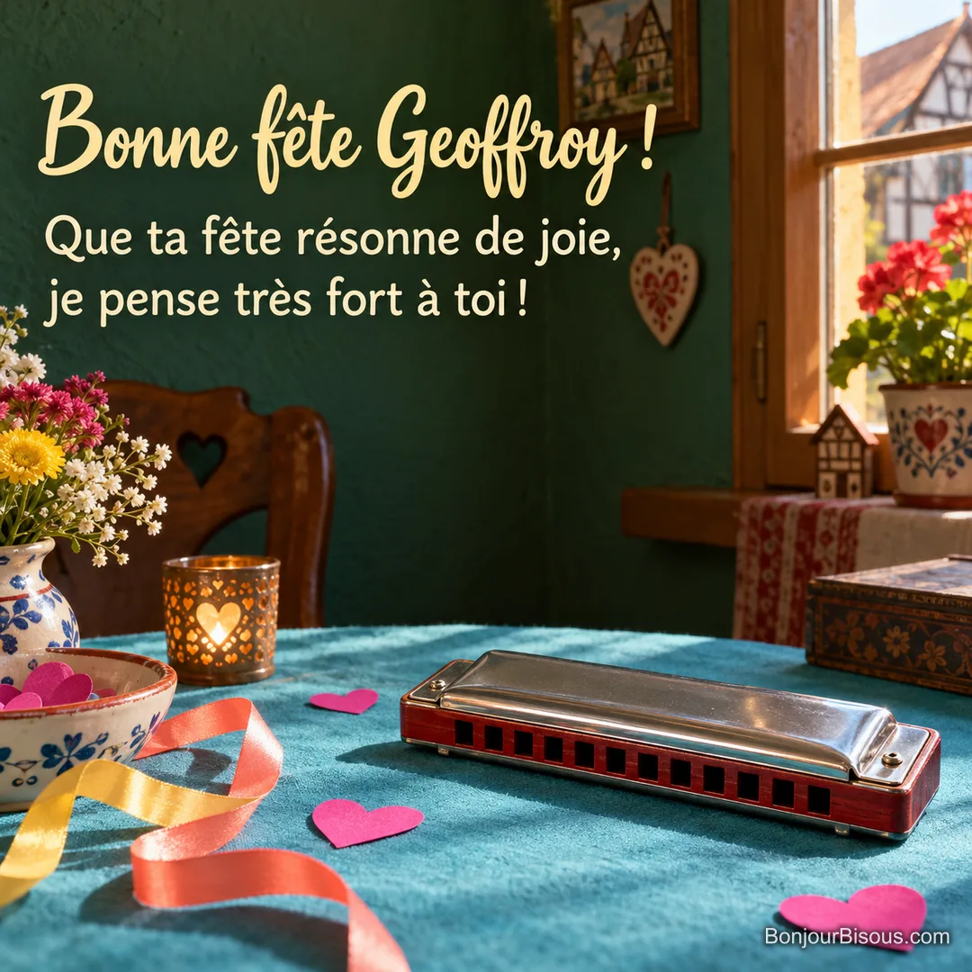 Un harmonica argenté sur bois rouge repose parmi des rubans colorés et de petits cœurs en papier. La carte porte le message « Bonne fête Geoffroy ! Que ta fête résonne de joie, je pense très fort à toi ! » Un harmonica argenté sur bois rouge repose parmi des rubans colorés et de petits cœurs en papier. La carte porte le message « Bonne fête Geoffroy ! Que ta fête résonne de joie, je pense très fort à toi ! »