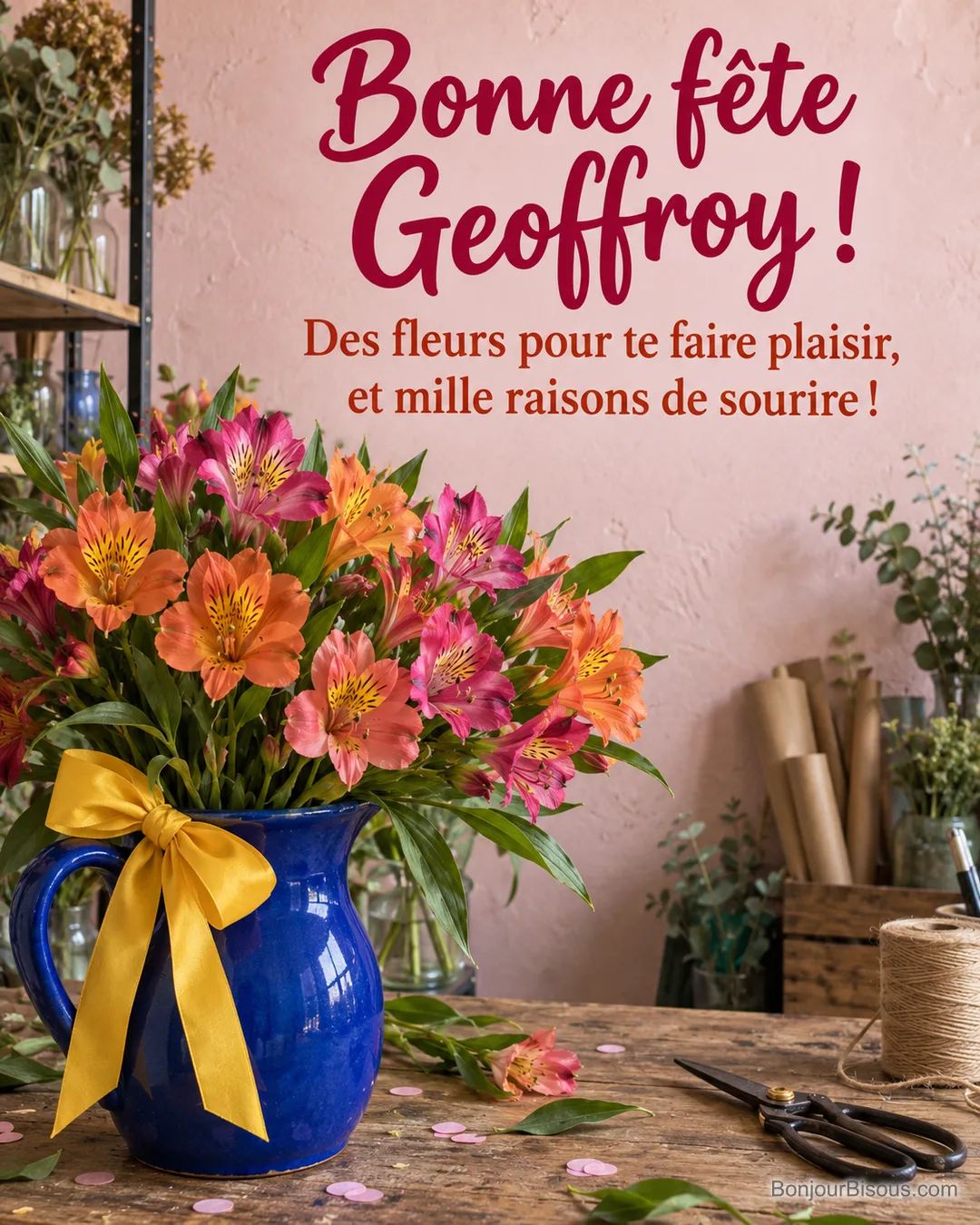 Des alstroemères orange, corail et fuchsia s’épanouissent dans un pichet cobalt noué de jaune. La carte porte le message « Bonne fête Geoffroy ! Des fleurs pour te faire plaisir, et mille raisons de sourire ! » Des alstroemères orange, corail et fuchsia s’épanouissent dans un pichet cobalt noué de jaune. La carte porte le message « Bonne fête Geoffroy ! Des fleurs pour te faire plaisir, et mille raisons de sourire ! »