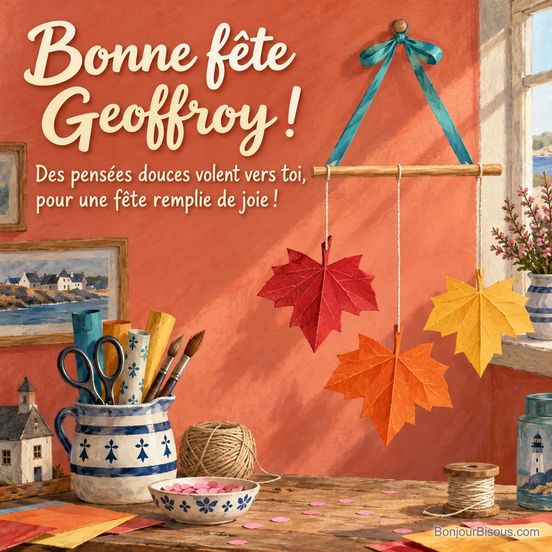 Un mobile artisanal suspend trois feuilles d’érable en papier rouge, orange et jaune sous un ruban turquoise. La carte porte le message « Bonne fête Geoffroy ! Des pensées douces volent vers toi, pour une fête remplie de joie ! » Un mobile artisanal suspend trois feuilles d’érable en papier rouge, orange et jaune sous un ruban turquoise. La carte porte le message « Bonne fête Geoffroy ! Des pensées douces volent vers toi, pour une fête remplie de joie ! »
