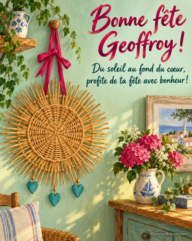 Un soleil artisanal en rotin tressé, suspendu par un ruban fuchsia, est entouré de petits cœurs turquoise. La carte porte le message « Bonne fête Geoffroy ! Du soleil au fond du cœur, profite de ta fête avec bonheur ! »