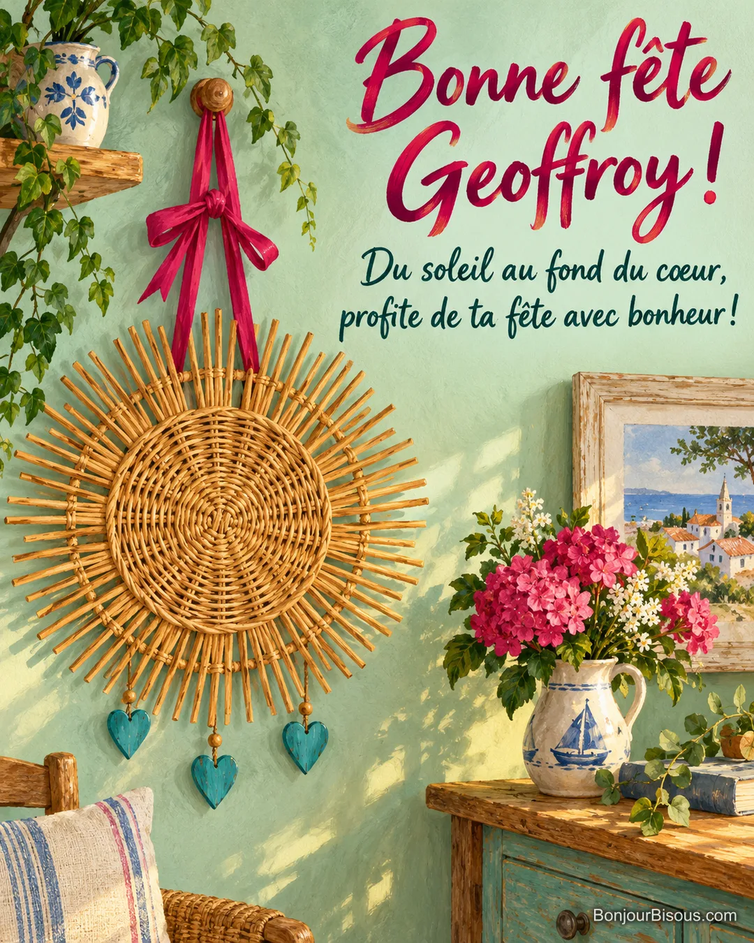 Un soleil artisanal en rotin tressé, suspendu par un ruban fuchsia, est entouré de petits cœurs turquoise. La carte porte le message « Bonne fête Geoffroy ! Du soleil au fond du cœur, profite de ta fête avec bonheur ! » Un soleil artisanal en rotin tressé, suspendu par un ruban fuchsia, est entouré de petits cœurs turquoise. La carte porte le message « Bonne fête Geoffroy ! Du soleil au fond du cœur, profite de ta fête avec bonheur ! »